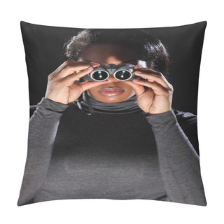 Personality  Young Woman Spy Looking Through Binoculars Pillow Covers
