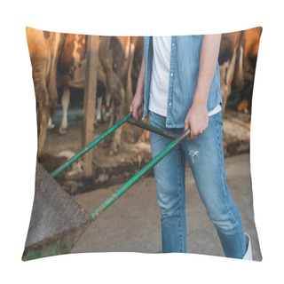 Personality  Partial View Of Farmer With Wheelbarrow Near Blurred Cows On Farm Pillow Covers