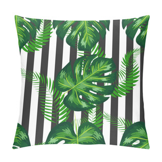 Personality  Seamless Pattern With Tropical Leaves: Palms, Monstera, Banana Leaves, Jungle Leaf Seamless Pattern Striped Background. Pillow Covers