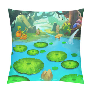 Personality  Sleeping Pond In The Forgotten Forest. Realistic Fantastic Cartoon Style Scene, Wallpaper, Background Design. Illustration Pillow Covers