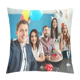 Personality  Young Man Taking Selfie With His Colleagues At Birthday Party In Office Pillow Covers