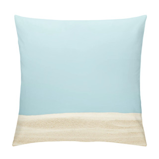 Personality  Selective Focus Of Golden And Textured Sandy Beach Isolated On Blue Pillow Covers