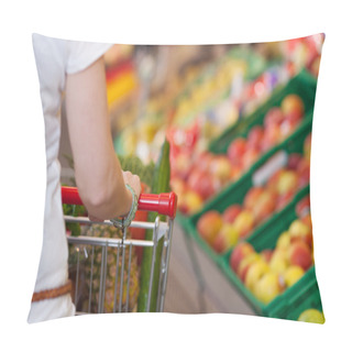 Personality  Cropped Image Of Woman Pushing Shopping Cart In Store Pillow Covers
