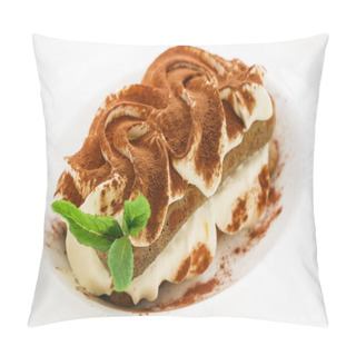 Personality  Tiramisu Cake On White Plate, Close Up Pillow Covers