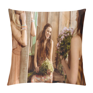 Personality  Young Bohemian Women Holding Flowers  Pillow Covers