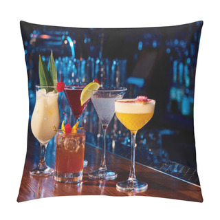 Personality  Set Of Refreshing Delicious Cocktails With Fresh Garnishing On Bar Counter, Concept Pillow Covers