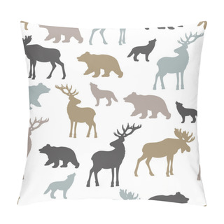 Personality  Vector Seamless Pattern With Silhouettes Of Large Forest Animals: Deer, Elk, Bear, Wolf On A White Background Pillow Covers