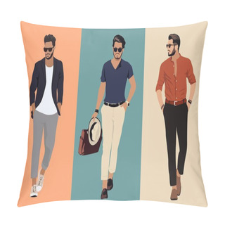 Personality  Set Of Fashion Men In Modern Trendy Outfits. Stylish Guys With Beard Wearing Casual Summer Clothes And Sunglasses. Colored Realistic Vector Illustrations Of Fashionable Men Isolated. Pillow Covers
