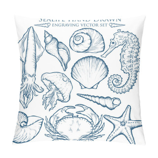 Personality  Seashell, Sea Shell, Starfish, Squid, Jellyfish, Seahorse, Crab Nature Ocean Aquatic Underwater Vector Set. Hand Drawn Marine Engraving Illustration On White Background Pillow Covers