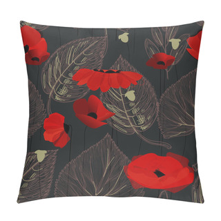 Personality  Poppy Flowers And Leaf Seamless Pattern Over Black  Pillow Covers