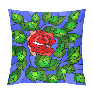 Personality  Illustration In Stained Glass Style Flower Of Red Rose On A Sky Background, Square Image  Pillow Covers