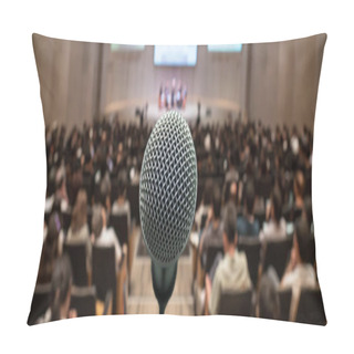 Personality  Banner And Web Page Or Cover Template Of Microphone Over The Abstract Blurred Photo Of Conference Hall Or Seminar Room With Attendee Background, Business Meeting Concept Pillow Covers