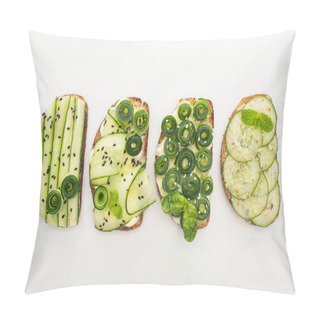 Personality  Flat Lay With Fresh Cucumber Toasts With Seeds, Mint And Basil Leaves On White Background Pillow Covers