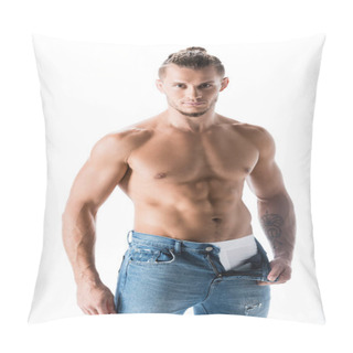 Personality  Sexy Shirtless Man In Jeans Posing Isolated On White Pillow Covers