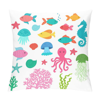 Personality  Set Of Hand Drawn Cute Sea Animals: Starfish, Seahorse, Jellyfishes, Fishes, Shells, Coral, Algae, Octopus.  Pillow Covers