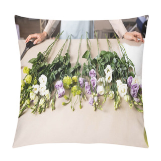 Personality  Cropped View Of Florist Near Eustoma Flowers On Table In Flower Shop On Blurred Background Pillow Covers