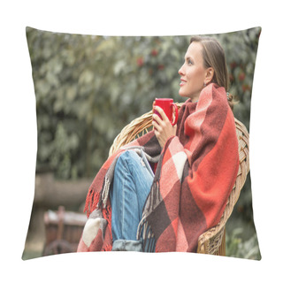 Personality  Beautiful Girl Drinking Coffee In Autumn Garden Pillow Covers