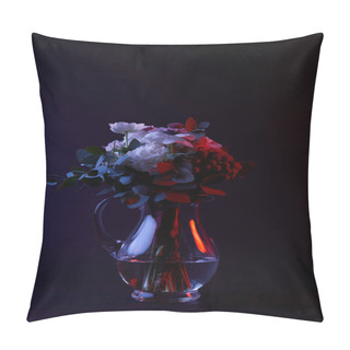 Personality  Bouquet Of Different Flowers In Reflecting Glass Vase On Dark Pillow Covers