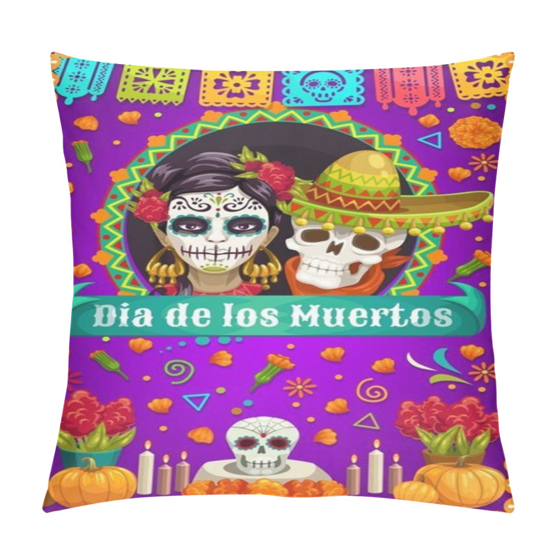 Personality  Skull, Catrina, marigold and sombrero. Day of Dead pillow covers