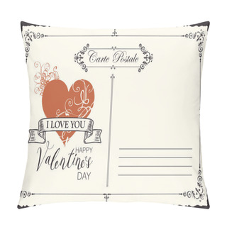 Personality  Retro Valentine Card In Form Of Postcard With Red Heart And Ribbon. Romantic Vector Card In Vintage Style With Place For Text, Inscriptions I Love You And Happy Valentine's Day Pillow Covers