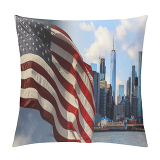 Personality  American Flag Flying The Breeze Against A Blue Sky Skyline Of Downtown New York, Brooklyn Bridge And Manhattan At The Early Morning Sun Light , New York City, USA Pillow Covers