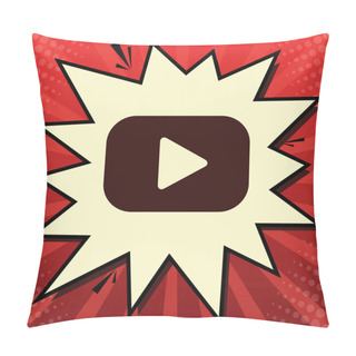 Personality  Play Button Sign. Vector. Dark Red Icon In Lemon Chiffon Shutter Bubble At Red Popart Background With Rays. Pillow Covers
