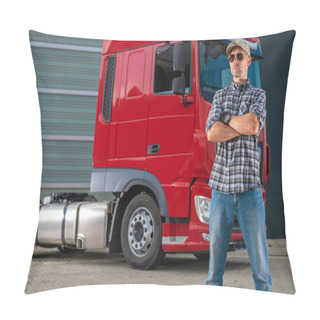 Personality  Professional Semi Truck Driver In His 40s And His Heavy Duty Vehicle. Transportation Industry Theme.  Pillow Covers