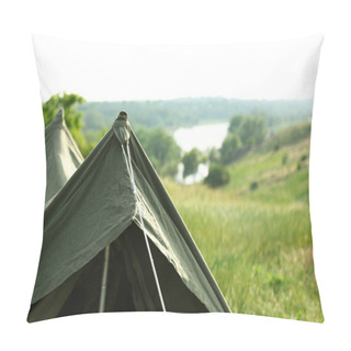 Personality  Camping Tent In Green Field On Sunny Day. Space For Text Pillow Covers