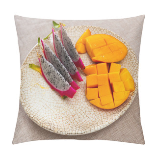 Personality  Healthy Colorful Vibrant Snack Of Tropical Fruits. Slices Of Yellow-orange Mango And Pink Pitaya With Small Black Seeds On Plate Pillow Covers