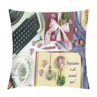 Personality  Romantic Vintage Feminine Writing Desk Stop Motion With Old Typewriter. Pillow Covers
