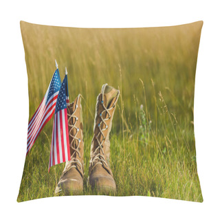 Personality  Military Boots Near American Flag With Stars And Stripes On Grass  Pillow Covers