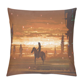 Personality  Man Riding Horse Against Futuristic City In Desert Pillow Covers