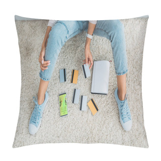 Personality  Top View Of Woman In Jeans Holding Credit Cards Near Smartphone With Shopping App Pillow Covers