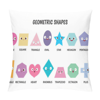 Personality  Big Set Of Various Geometric Shapes With Face Emotions. Different Shapes For Flash Cards Flat Icon Style Vector Illustration For Kids. Cute Funny Characters. All Elements Are Isolated Pillow Covers