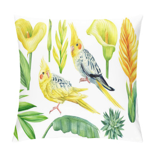 Personality  Set Of Cockatiel Parrot, Calla, Palm Leaves, Succulent On An Isolated Background, Watercolor Botanical Illustration Pillow Covers