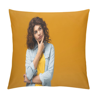 Personality  Pensive Redhead Woman Thinking While Standing On Orange  Pillow Covers