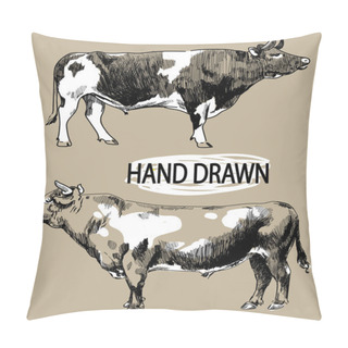 Personality  Set Of Images Of A Cow. Image Set Of Farm Animals. . Vintage Style Image, Vintage Image. Freehand Drawing. Meat And Milk. Pillow Covers