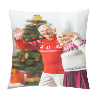 Personality  Happy Senior Couple In Christmas Sweaters Waving At Camera Pillow Covers