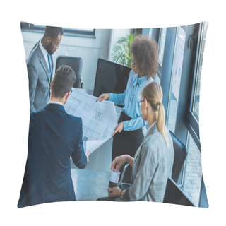 Personality  High Angle View Of Multicultural Businesspeople Looking At Blueprint In Office Pillow Covers