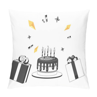 Personality  Celebration Birthday Party Background Black And White 2D Illustration Concept. Gift Boxes Birthday Cake Isolated Cartoon Outline Scene. Gemstone Frame Presents Cake Metaphor Monochrome Vector Art Pillow Covers