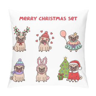 Personality  Set Cute Pug Dogs In Costume For Merry Christmas. Pillow Covers