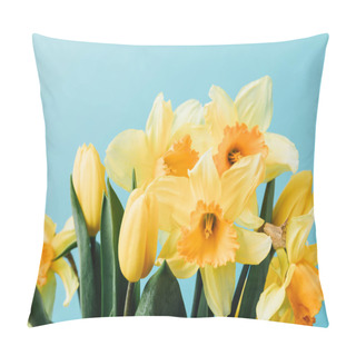 Personality  Close Up View Of Beautiful Tulips And Daffodil Flowers Isolated On Blue Pillow Covers