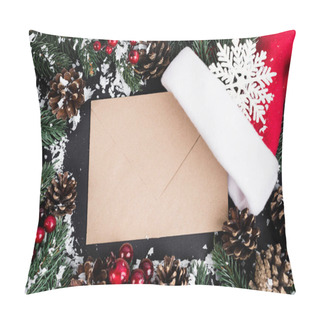 Personality  Top View Of Envelope, Santa Hat And Decorative Snowflake Near Fir Branches And Pine Cones On Black Background Pillow Covers
