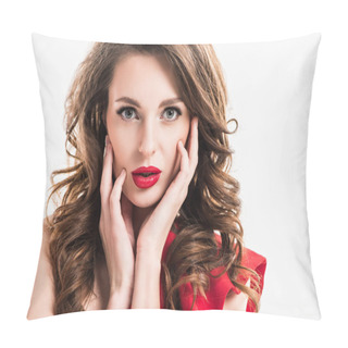 Personality  Stylish Seductive Girl Touching Face With Hands And Looking At Camera Isolated On White Pillow Covers