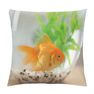 Personality  Beautiful Bright Small Goldfish In Round Glass Aquarium On Wooden Table, Closeup Pillow Covers