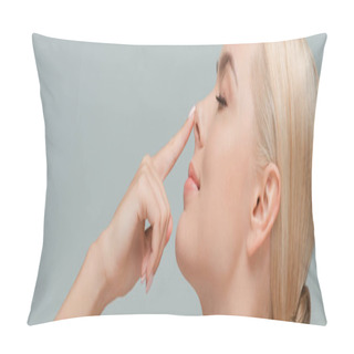 Personality  Panoramic Shot Of Happy Woman Touching Nose Isolated On Grey  Pillow Covers