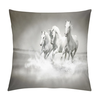 Personality  Herd Of White Horses Running Through Water Pillow Covers
