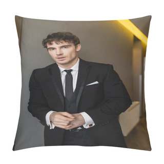 Personality  Portrait Of Handsome And Young Groom In Black Suit With While Shirt And Tie Looking At Camera While Standing With Opened Mouth In Corridor Of Modern Hotel On Wedding Day  Pillow Covers