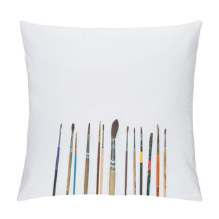 Personality  Top View Of White Background With Paint Brushes Placed Horizontally Pillow Covers