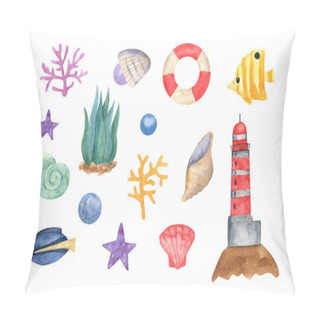 Personality Cute Sealife Watercolor With Seaweed, Coral, Fish, Shellfish, Shells, Lifebuoy, Lighthouse, Starfish. Hand Drawn Illustration For Greeting Cards, Posters, Stickers And Seasonal Design. Pillow Covers